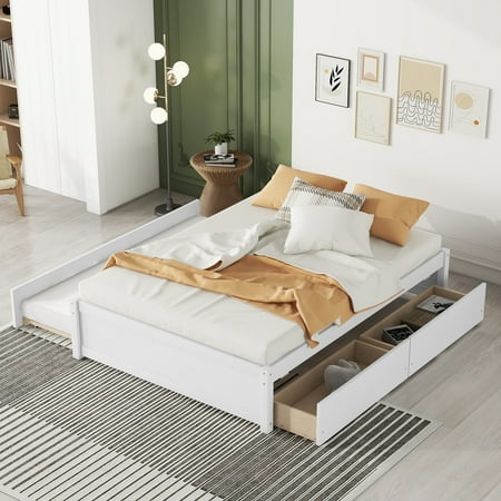 BTMWAY Full Bed Frame with Trundle, New Upgraded Solid Wood Platform Bed with Headboard and Footboard, No Box Spring Needed, Modern Full Size Daybed with Trundle Included, Easy Assembly, White