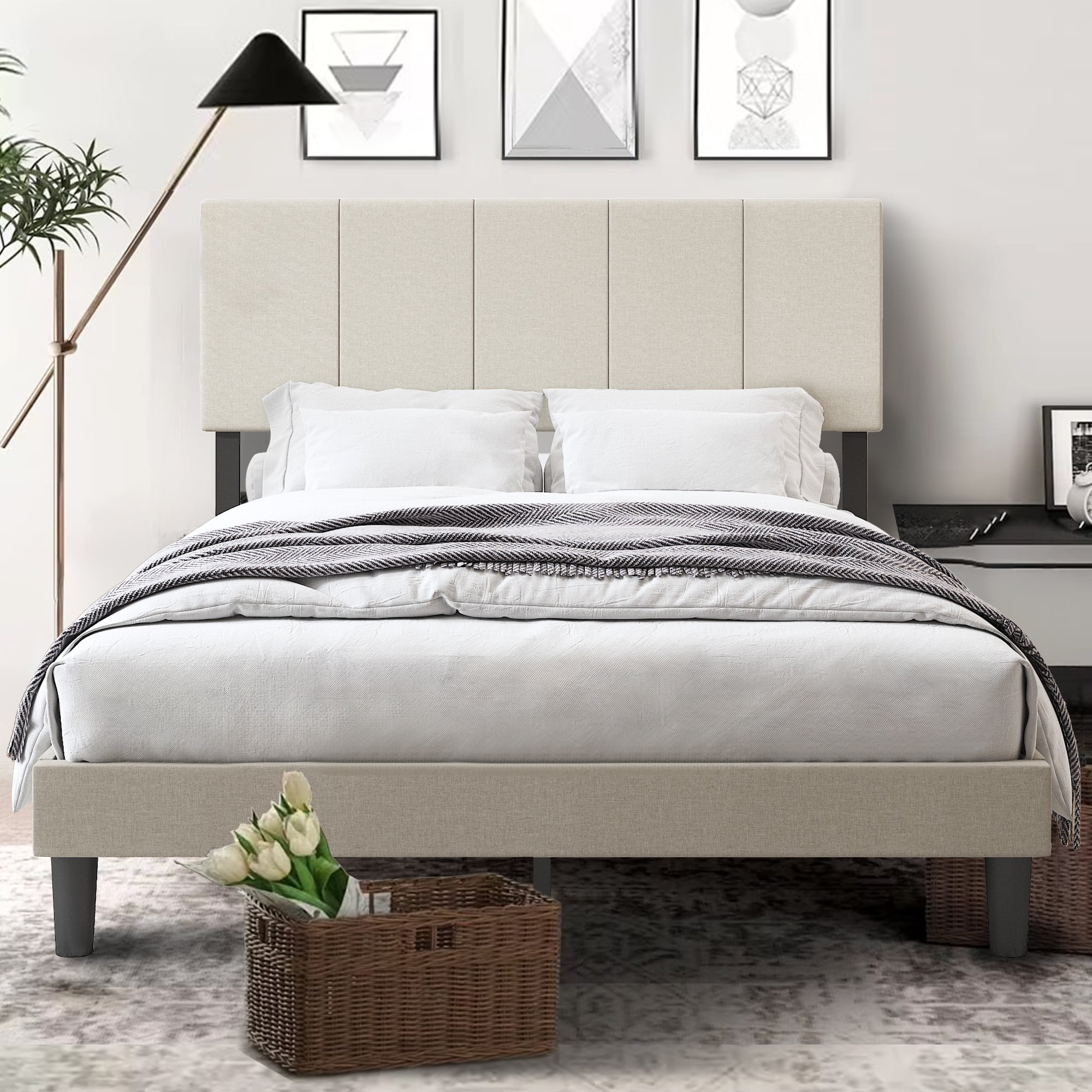 LegaHome Upholstered Full Size Bed, Modern Fabric Platform Bed Frame