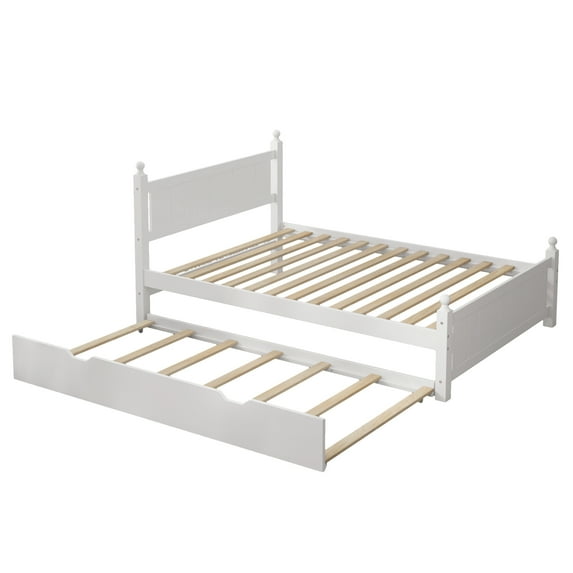 LegaHome Full Size Solid Wood Platform Bed Frame with Headboard and Twin Size Trundle Included, No Box Spring Needed, White