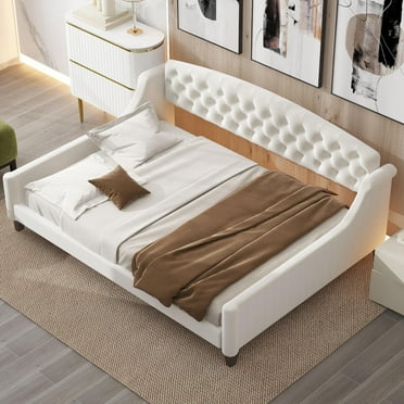 LegaHome Full Size Upholstered Daybed, Modern Luxury Tufted Button Daybed with Strong Wooden Slat Support, No Box Spring Needed, Heavy Duty Full Daybed Frame for Apartment Living Room, Beige