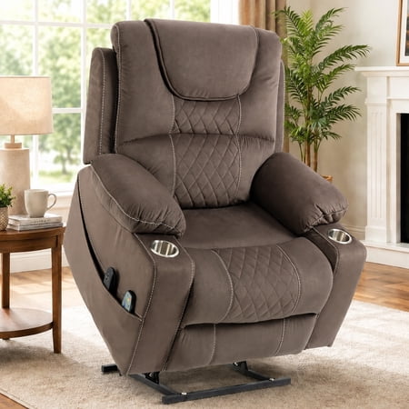 Lift Recliner for Elderly, LEGAHOME Electric Power Lift Chair with Heated and Massage, 26" Oversized Velvet Recliner Chair with Cup Holders & Side Pockets up 400 lbs, Coffee