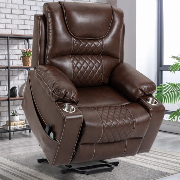 Lift Recliner for Elderly, LEGAHOME Electric Power Lift Chair with Heated and Massage, 26" Oversized PU Leather Recliner Chair with Cup Holders & Side Pockets up 400 lbs, Brown