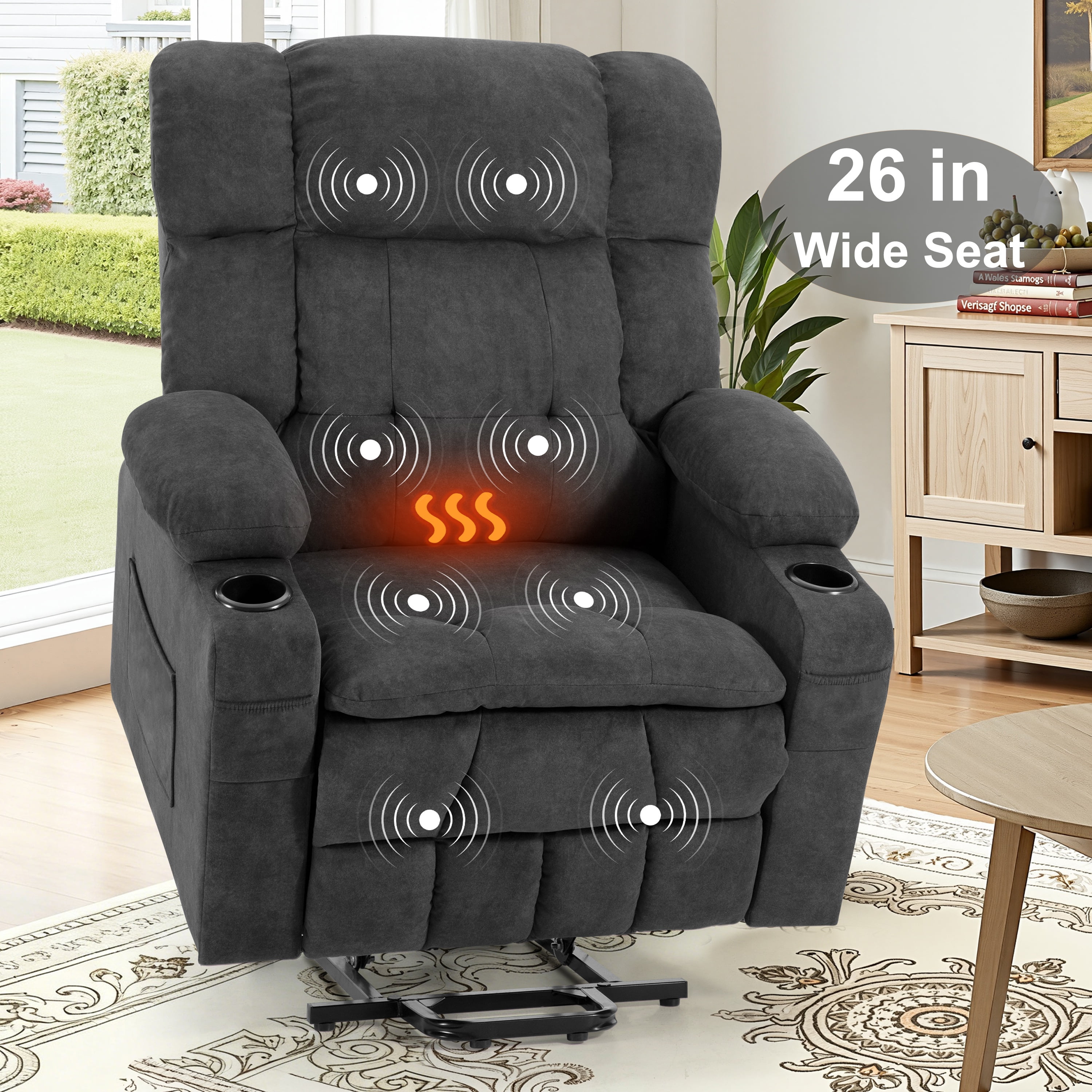 Oversized Power Lift Recliner, LEGAHOME 26in Large Wide Lift Chair for Elderly, Massage Recliner with Heat for Big and Tall Adults, Living Room Recliner Chair with Cup Holders, Gray