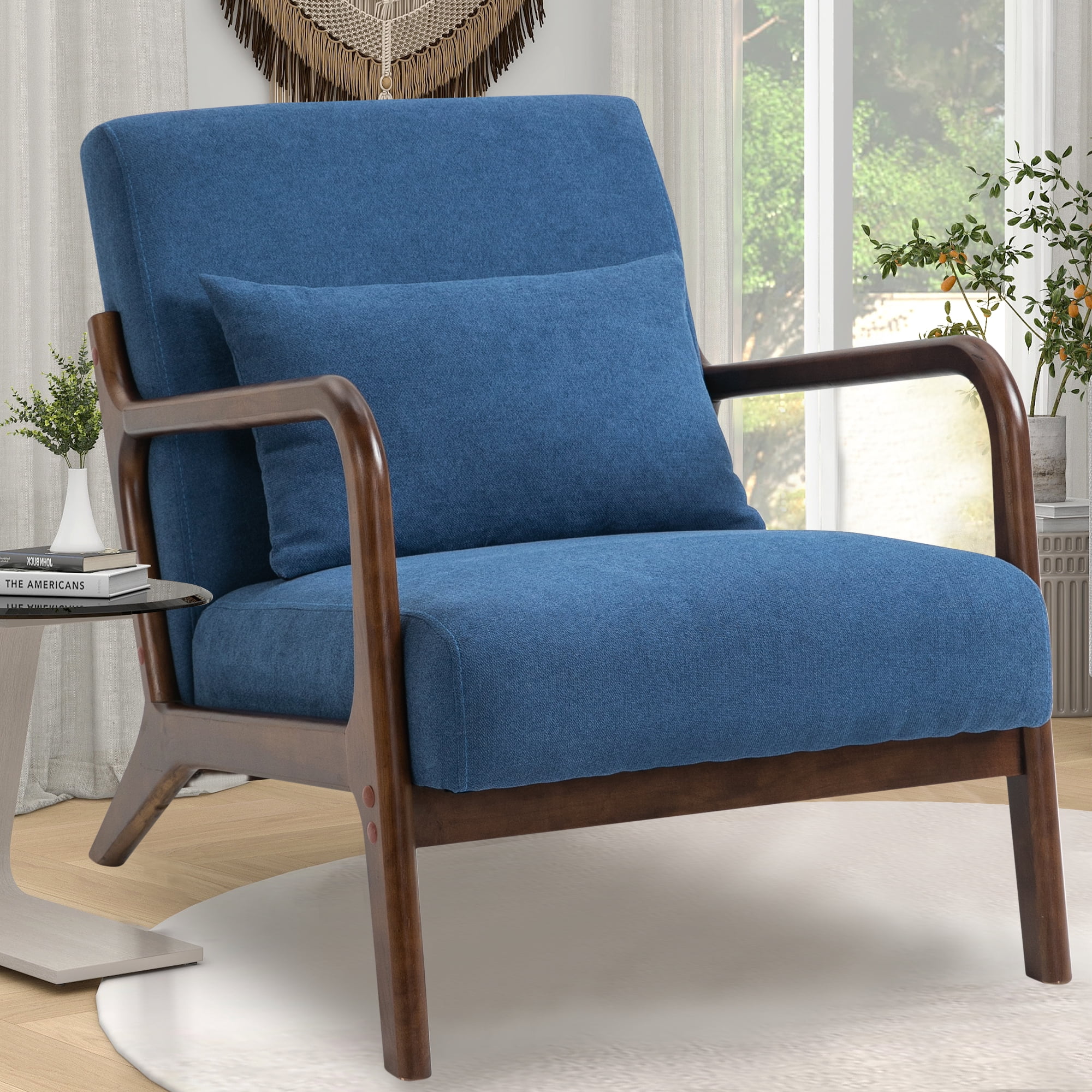 LegaHome Mid-Century Modern Velvet Armchair, Blue, with Wood Frame and ...