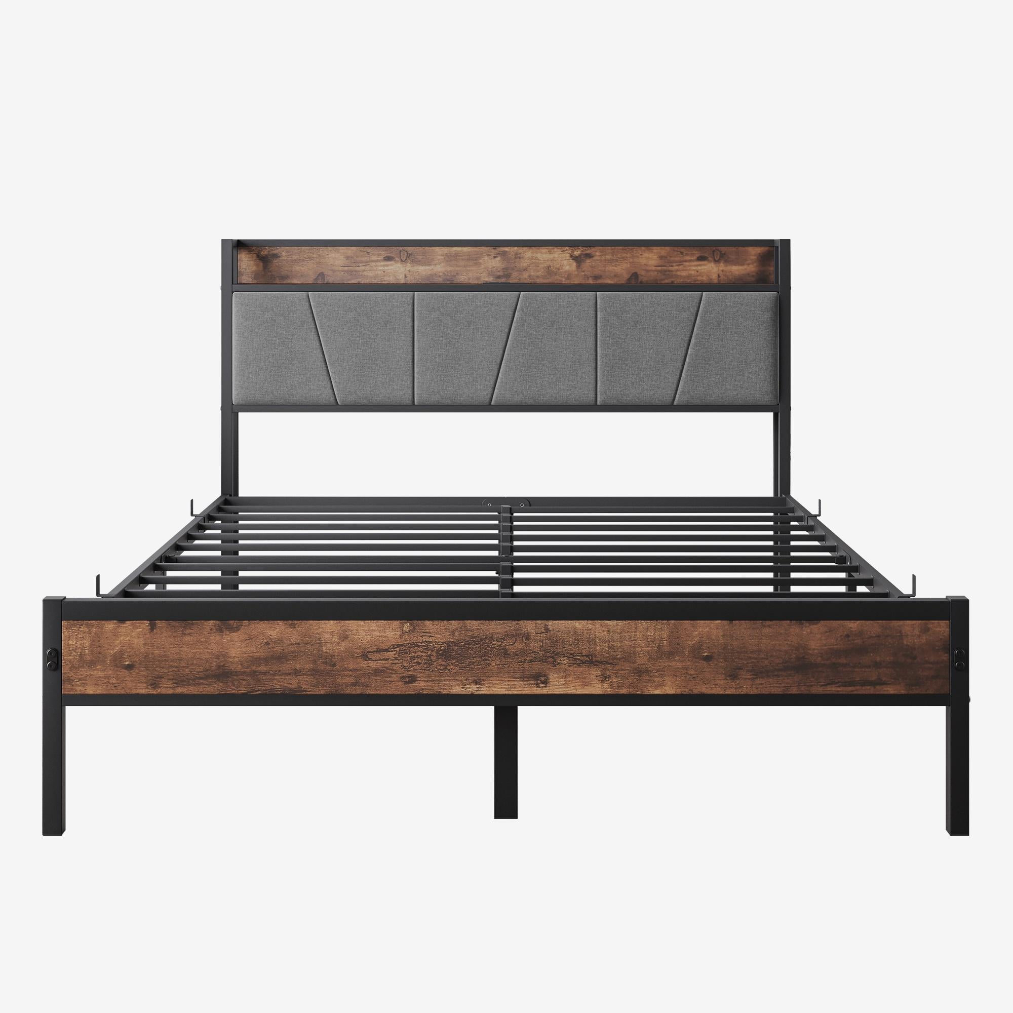 Queen Black Metal Frame Platform Bed with Upholstered Storage Headboard
