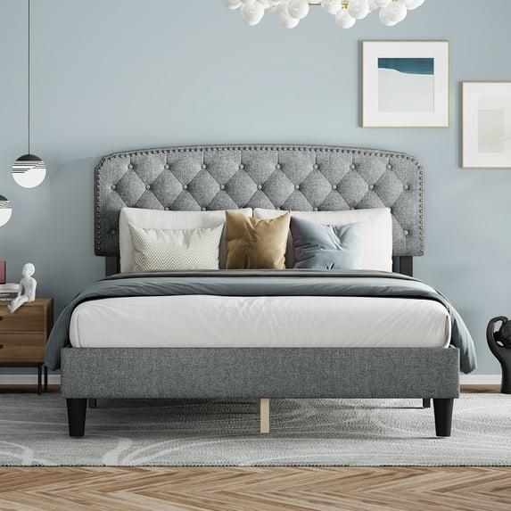 LegaHome Queen Bed Frame, Queen Size Linen Upholstered Platform Bed with Adjustable Button-Tufted Headboard, Wood Slat Support, Modern Platform Bed, Holds 400lbs, No Box Spring Needed, Light Gray