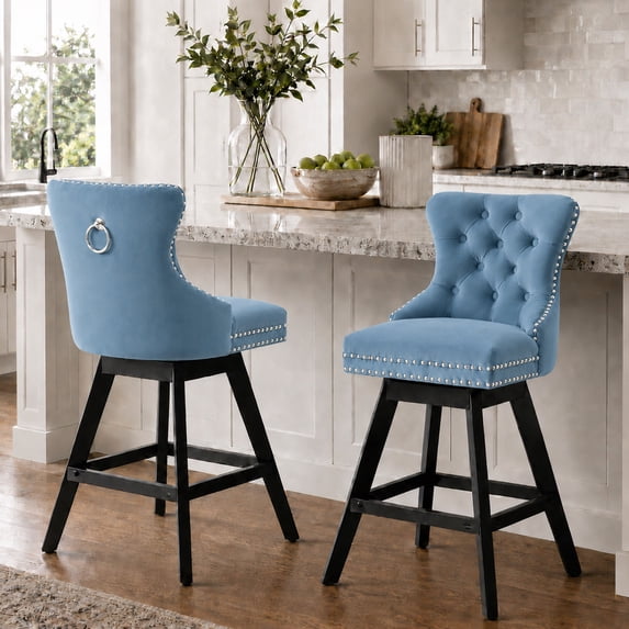 Bar Stools With Back Sets of 2, LEGAHOME Farmhouse Light Blue Swivel Bar Stools for 34–38" Kitchen Island, 26" Velvet Barstools Counter Stools for Breakfast, 2 PCS