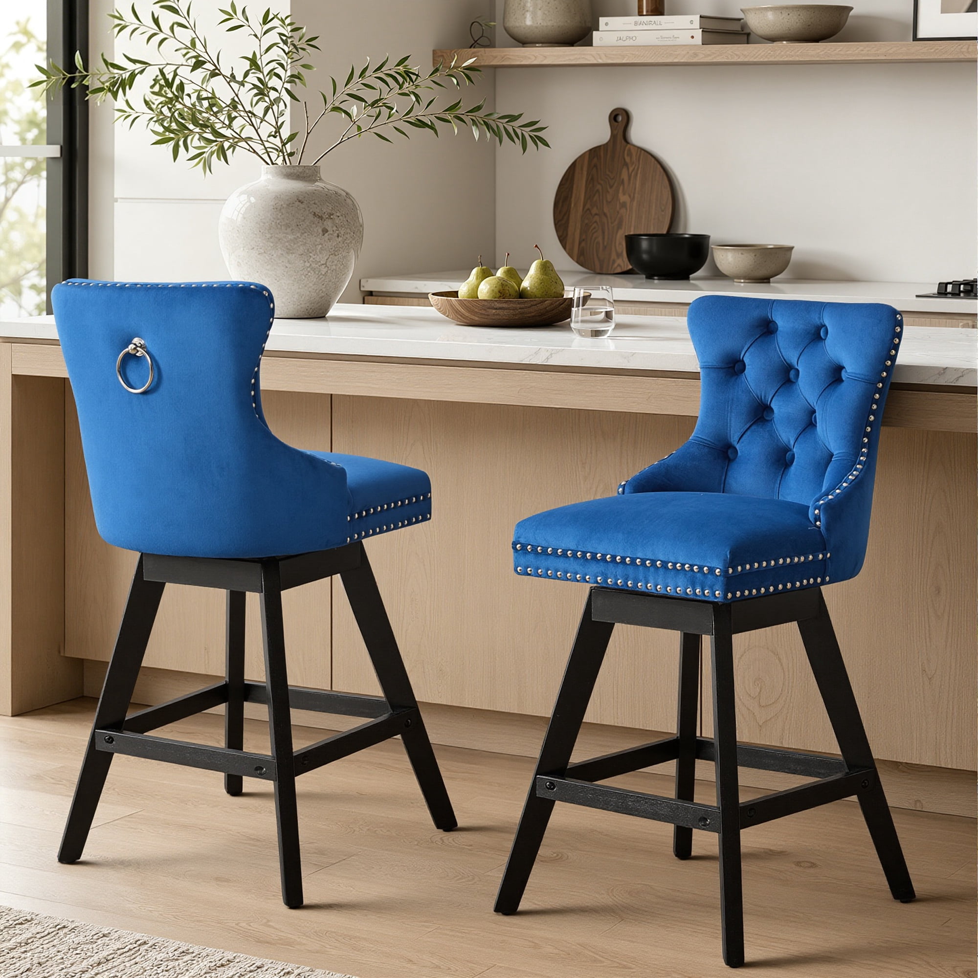 Swivel Counter Height Bar Stools Set of 2, LEGAHOME Farmhouse Velvet Bar Stools with Back for 34–38" Kitchen Island, Armless Wooden Bar Chairs for Home Bar, Blue (Set of 2)