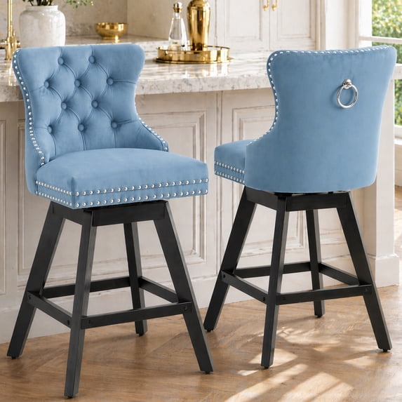 Swivel Bar Stools Set of 2, Counter Height Velvet Bar Stools with Tufted Back, Nailhead Trim, Rubberwood Frame, 26" Seat Height 360° Swivel Barstools for 34–38" Kitchen Island, Light Blue (Set of 2)