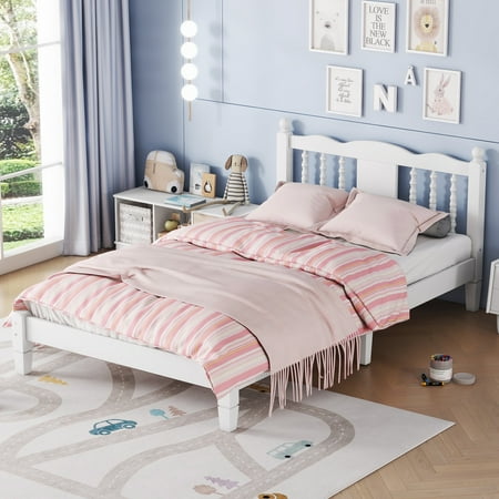 LegaHome Twin Size Bed Frame, Wood Platform Bed with Column-Decoration Headboard, Strong Wooden Slat Support, Twin Bed Frame for Boys Girls, No Box Spring Needed, White