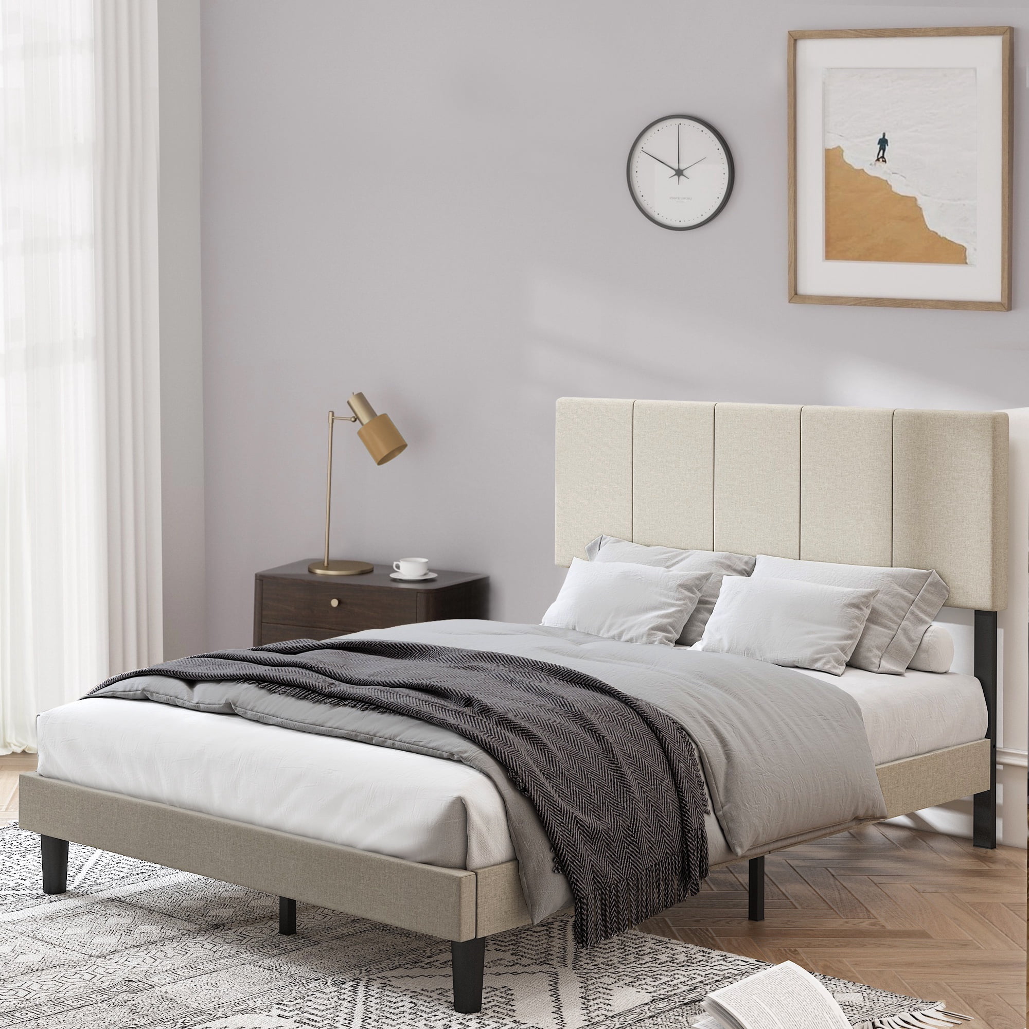 LegaHome Full Size Upholstered Bed, Beige Fabric, Striped Headboard, No ...