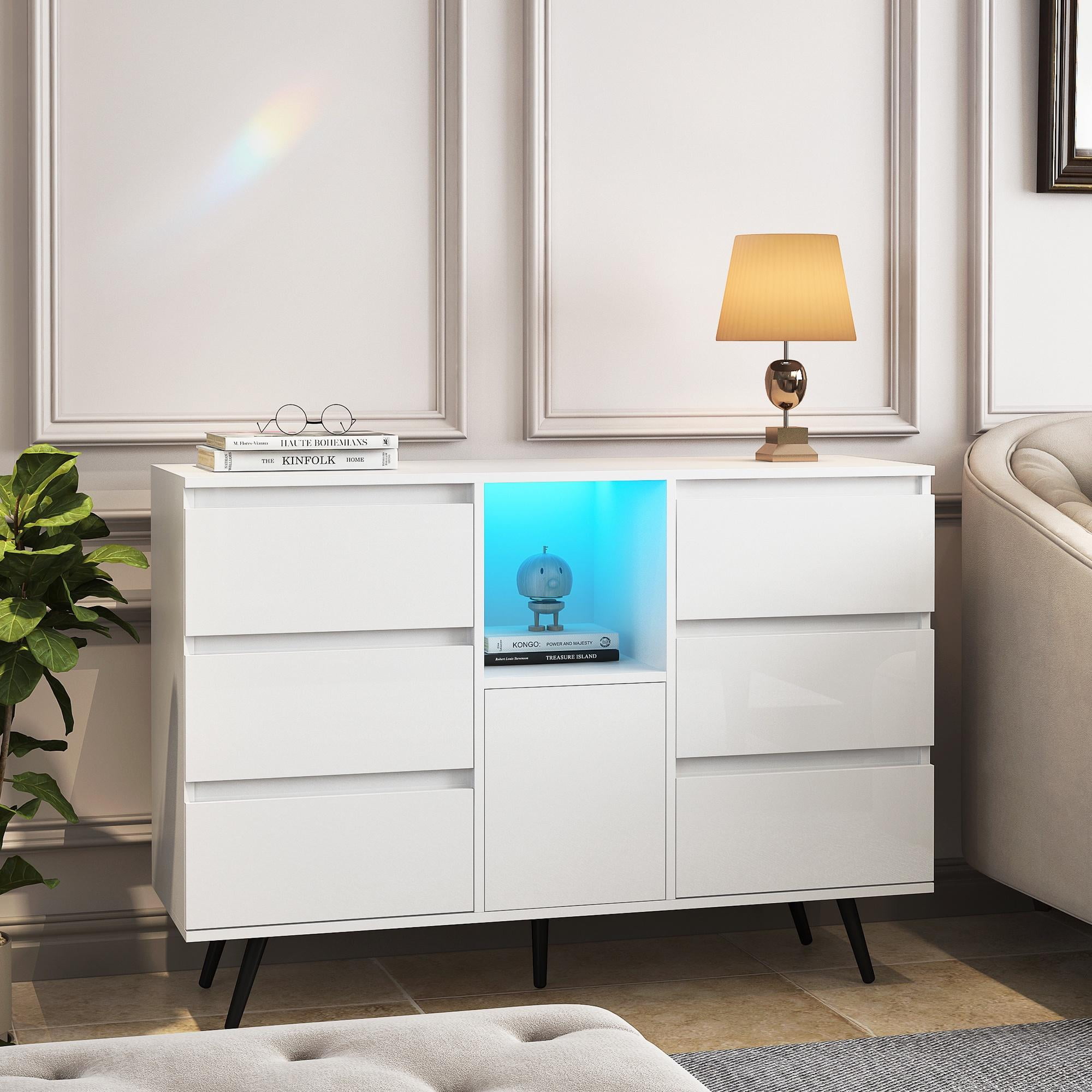 LegaHome White Sideboard, High Gloss Buffet Cabinet with LED Lights ...