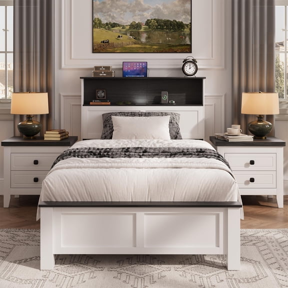 PAPROOS Twin Bed Frame with Charging Station and LED Light, Twin Size wood Platform Bed with Headboard and Footboard, No Box Spring Needed, White&Black