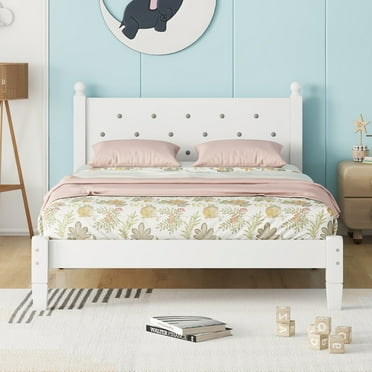 PAPROOS White Wooden Twin Platform Bed Frame with Headboard, Twin Size Bed Frame, No Box Spring Needed