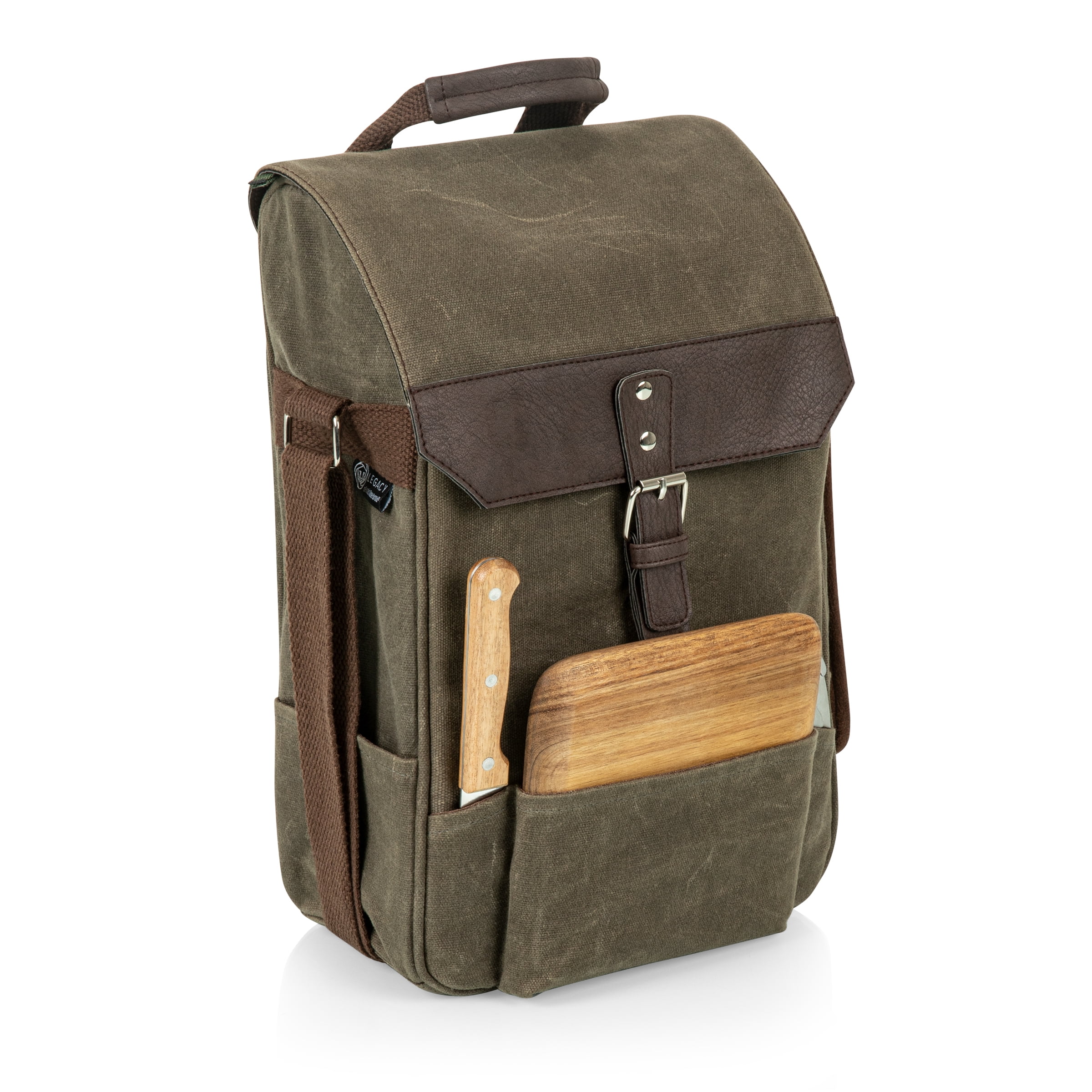 Khaki Green Waxed Canvas Wine Cooler Bag with Acacia Wood Cheese Board