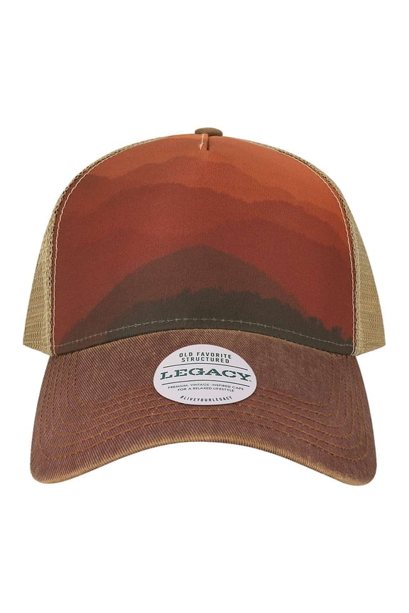 B93695530 Old Favorite Five-Panel Trucker Cap, Mt Sunset & Maroon - Khaki - Adjustable Size