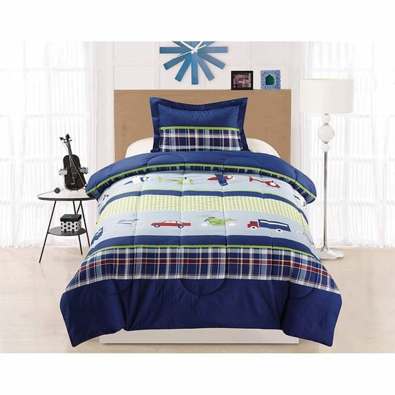 Legacy Decor 2 PC Blue, Green and Red Transportation Print Childrens Comforter Set, Twin Size