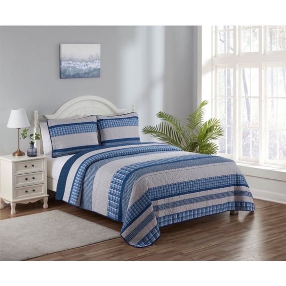 Legacy Decor 2 Pcs Quilt Reversible Bedspread Coverlet Blue & White Patchwork Design Ultra Soft Microfiber Oversized Twin, All Ages.
