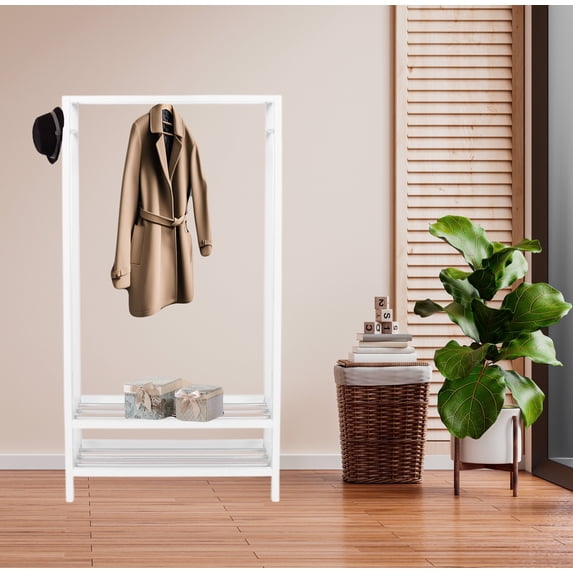 Legacy Decor 2 Tier Shelves Shoe Garment Coat Rack Hanger, Art Deco, Wooden White Freestanding, 65H x 31.5W x 13D in