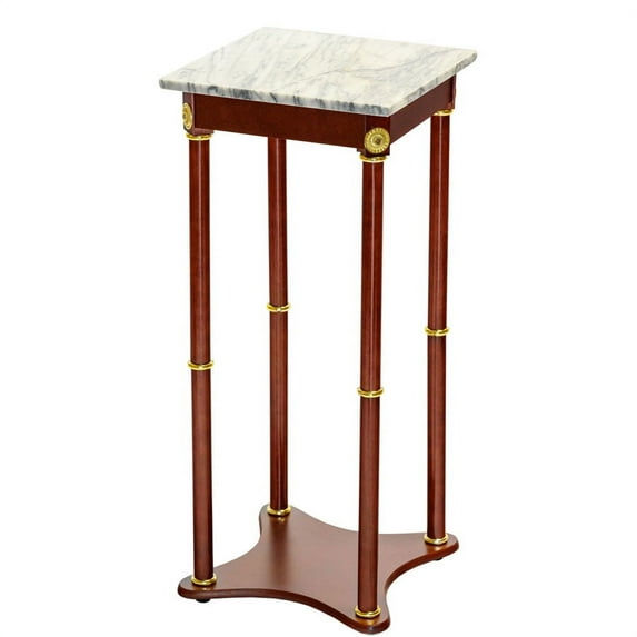 Legacy Decor 28 Inch Cherry Wood Square Plant Stand, Telephone Stand, Vase Stand with Square White Marble Top