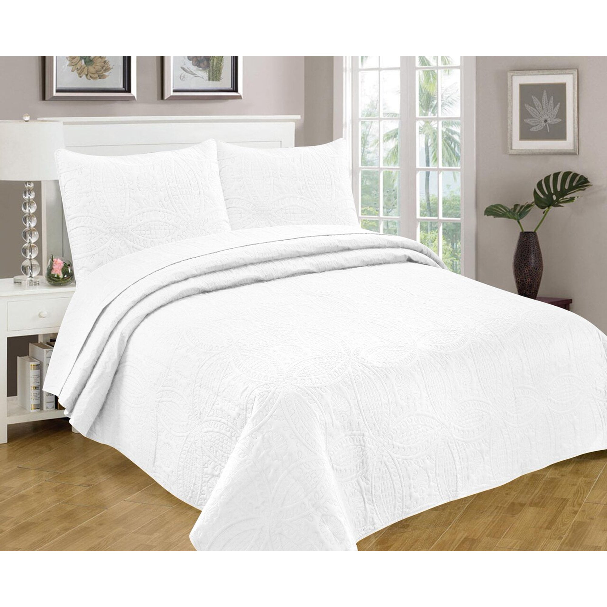 Legacy Decor 3PCS Summer Bedspread Quilt, Oversized Queen, White