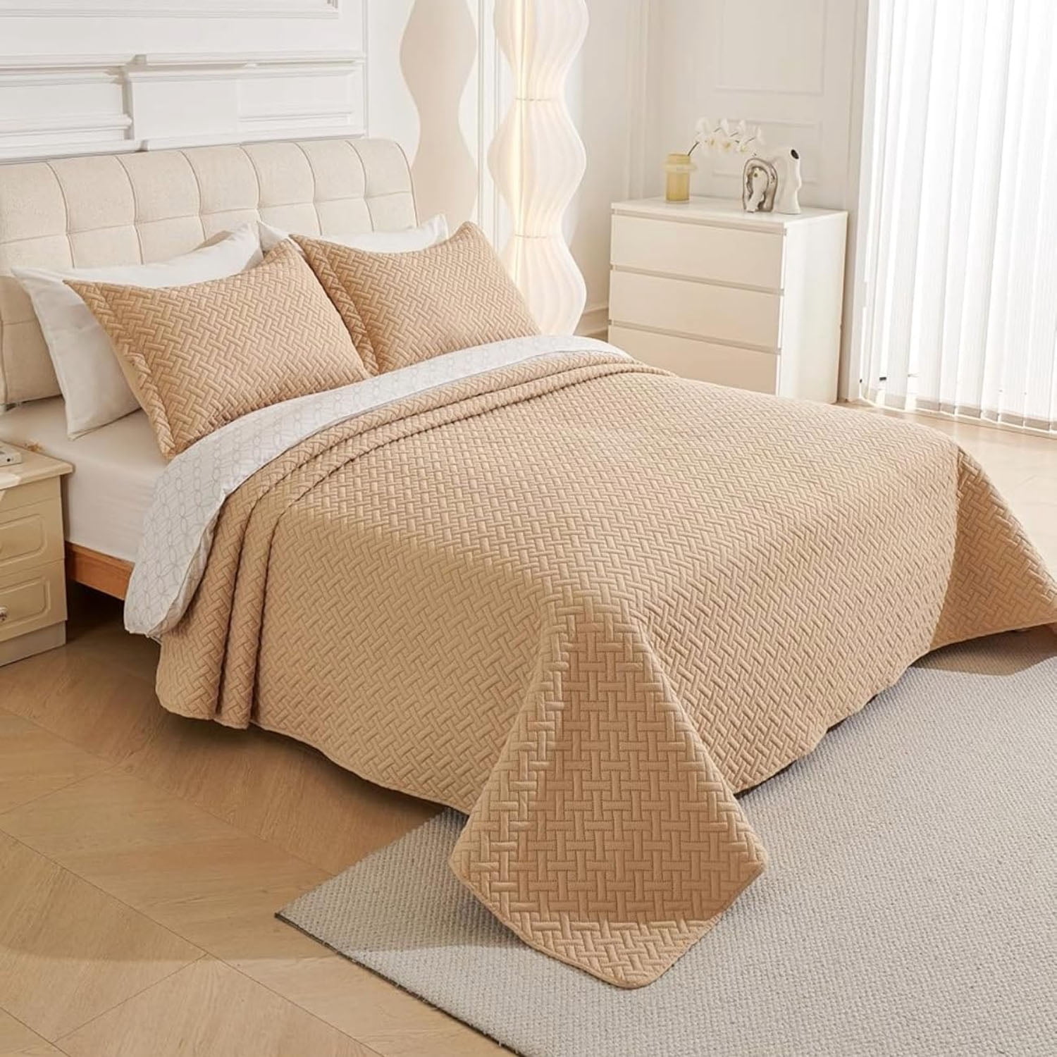 Legacy Decor Bedspread Coverlet 3 Pcs Set Oversized 118" W x 106" L King Size Beige Color