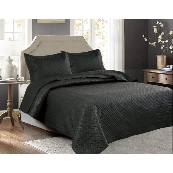 Legacy Decor 3 PCS Bedspread Quilt Coverlet Stitched Pinsonic Reversible All Season Oversized King / Cal-King Size Black Color