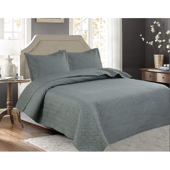 Legacy Decor 3 PCS Bedspread Quilt Coverlet Stitched Pinsonic Reversible All Season Oversized King / Cal-King Size Grey Color