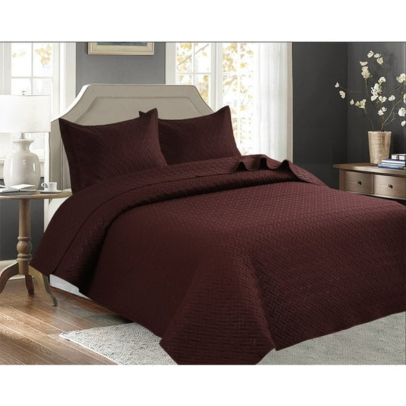 Legacy Decor 3 Pcs Bedspread Quilt Coverlet Stitched Pinsonic Reversible All Season Oversized Queen Size Brown Color