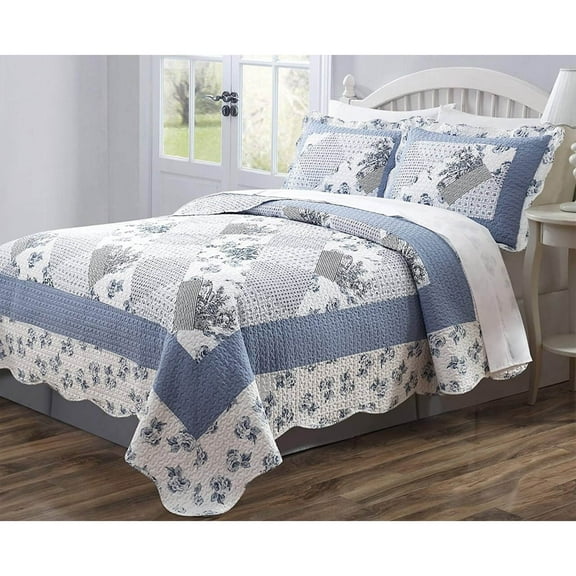 Legacy Decor 3 Pcs Quilt Bedspread Coverlet Blue and White Floral Patchwork Design Microfiber Full Size, All Ages.