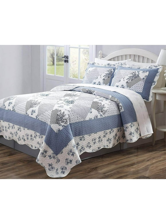 Legacy Decor 3 PCS Quilt Bedspread Coverlet Blue and White Floral Patchwork Design Microfiber Full Size