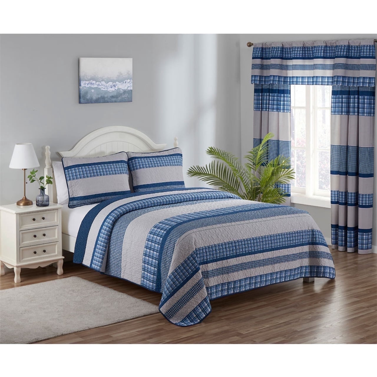 Legacy Decor 3 Pcs Quilt Reversible Bedspread Coverlet Blue & White Patchwork Design Ultra Soft Microfiber Oversized Queen 100"W x 106"L, All Ages.