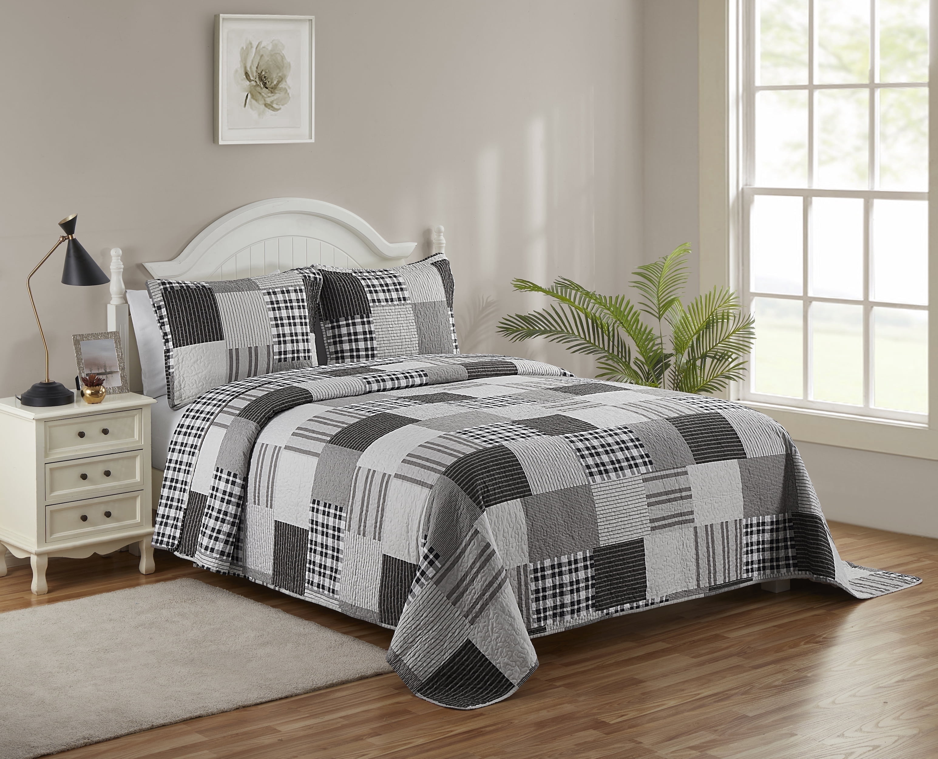 Legacy Decor 3 Pcs Quilt Reversible Bedspread Coverlet Grey & White Ultra Soft Microfiber Oversized King / Cal-King 118"W x 106"L, All Ages.