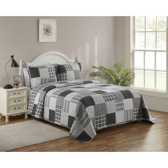 Legacy Decor 3 Pcs Quilt Reversible Bedspread Coverlet Grey & White Ultra Soft Microfiber Oversized King / Cal-King 118"W x 106"L, All Ages.