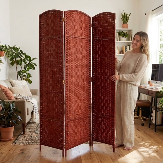 Legacy Decor 3 Panel Diamond Weave Fiber Room Divider Modern Honey Color 71 in H x 52 in W