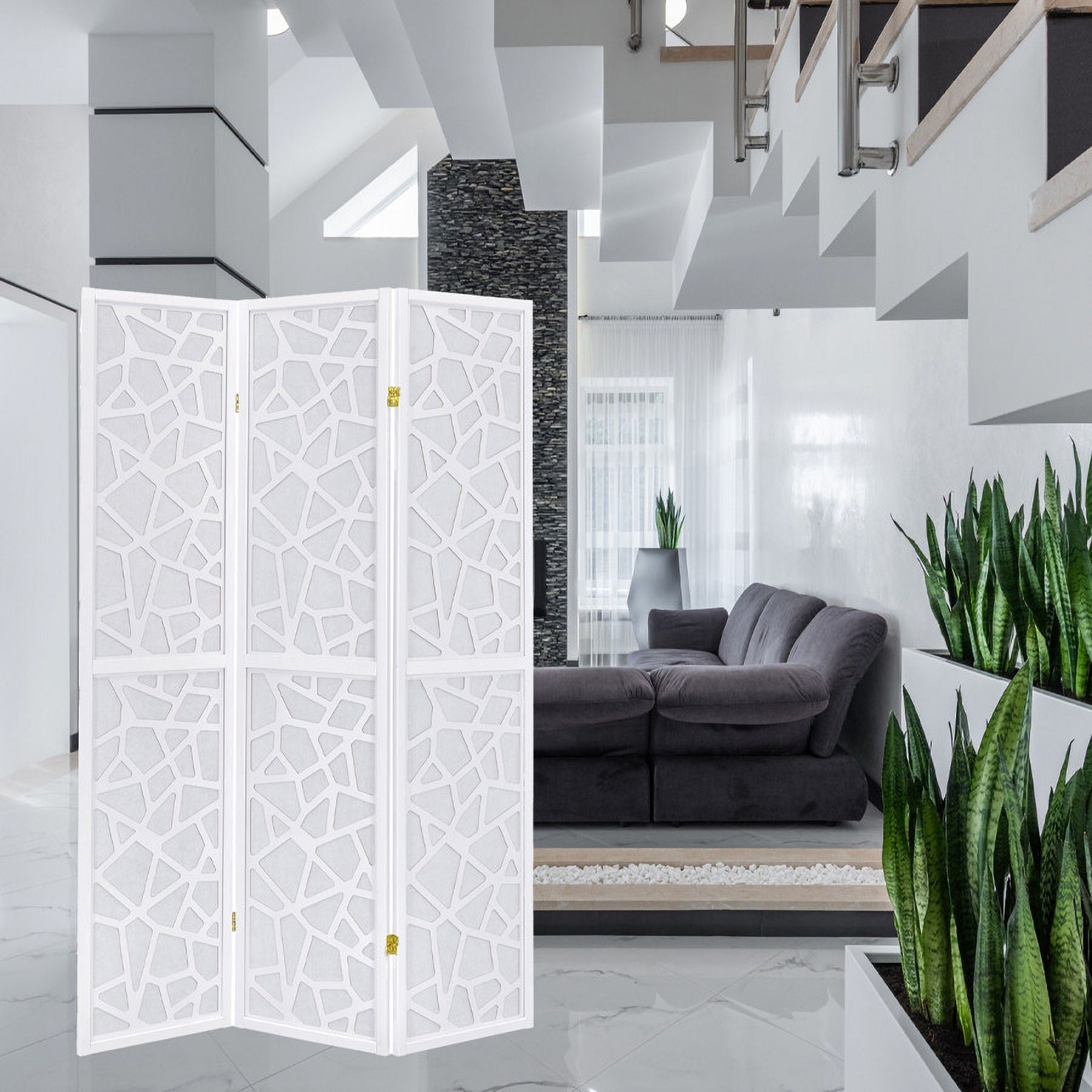 Legacy Decor 3 Panel Room Divider with Mosaic Cuts White Color
