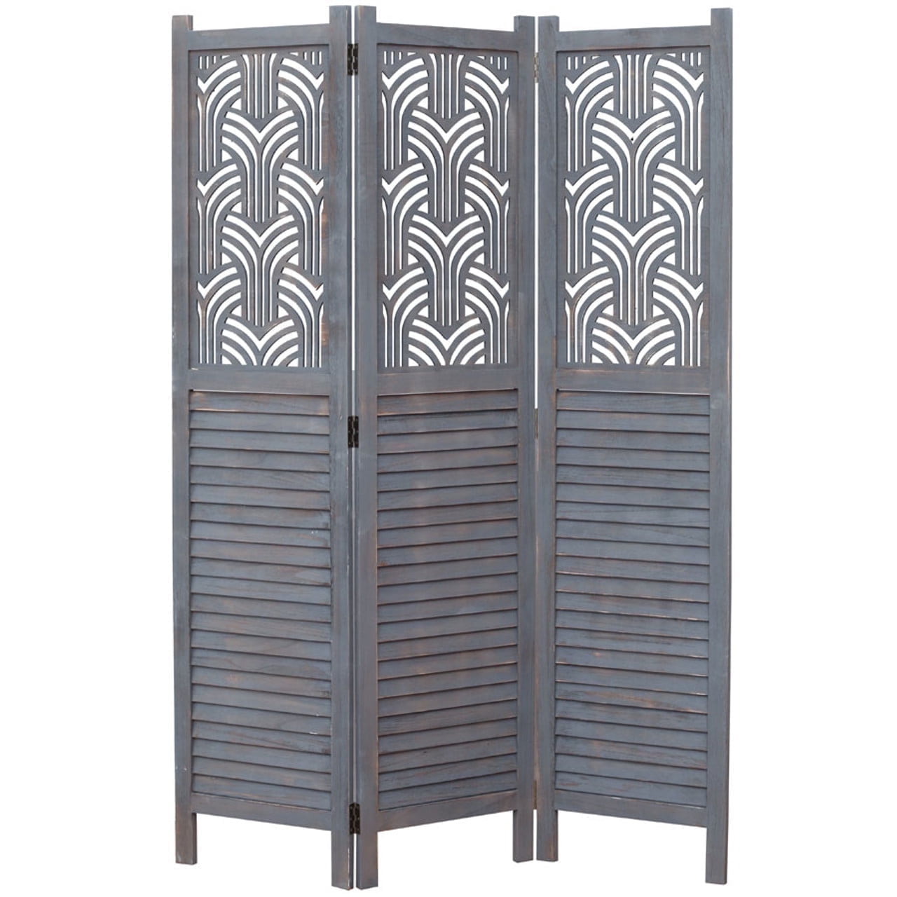 Legacy Decor 3 Panels Room Divider Rustic Wood w/ Decorative Cutout, Grey Color, Freestanding