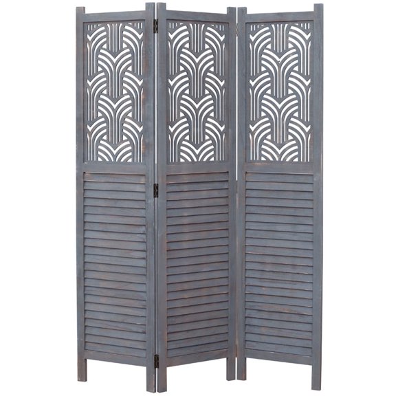 Legacy Decor 3 Panels Room Divider Rustic Wood w/ Decorative Cutout, Grey Color, Freestanding
