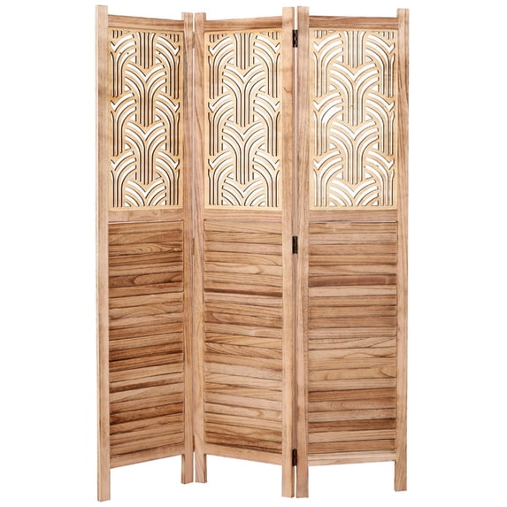 Legacy Decor 3 Panels Room Divider Rustic Wood w/ Decorative Cutout, Natural Color, Freestanding