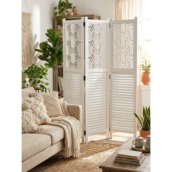 Legacy Decor 3 Panels Room Divider Rustic Wood w/ Decorative Cutout White