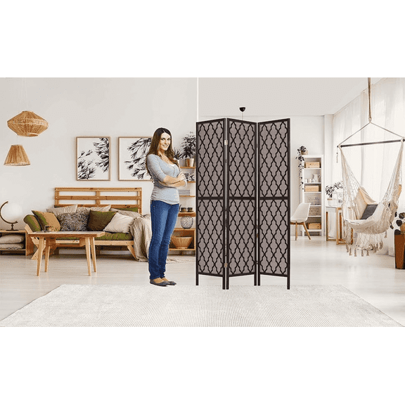 Legacy Decor 3 Panels Screen Room Divider Rattan Cane Webbing Insert with Decorative Cut Outs, Espresso Color, Freestanding