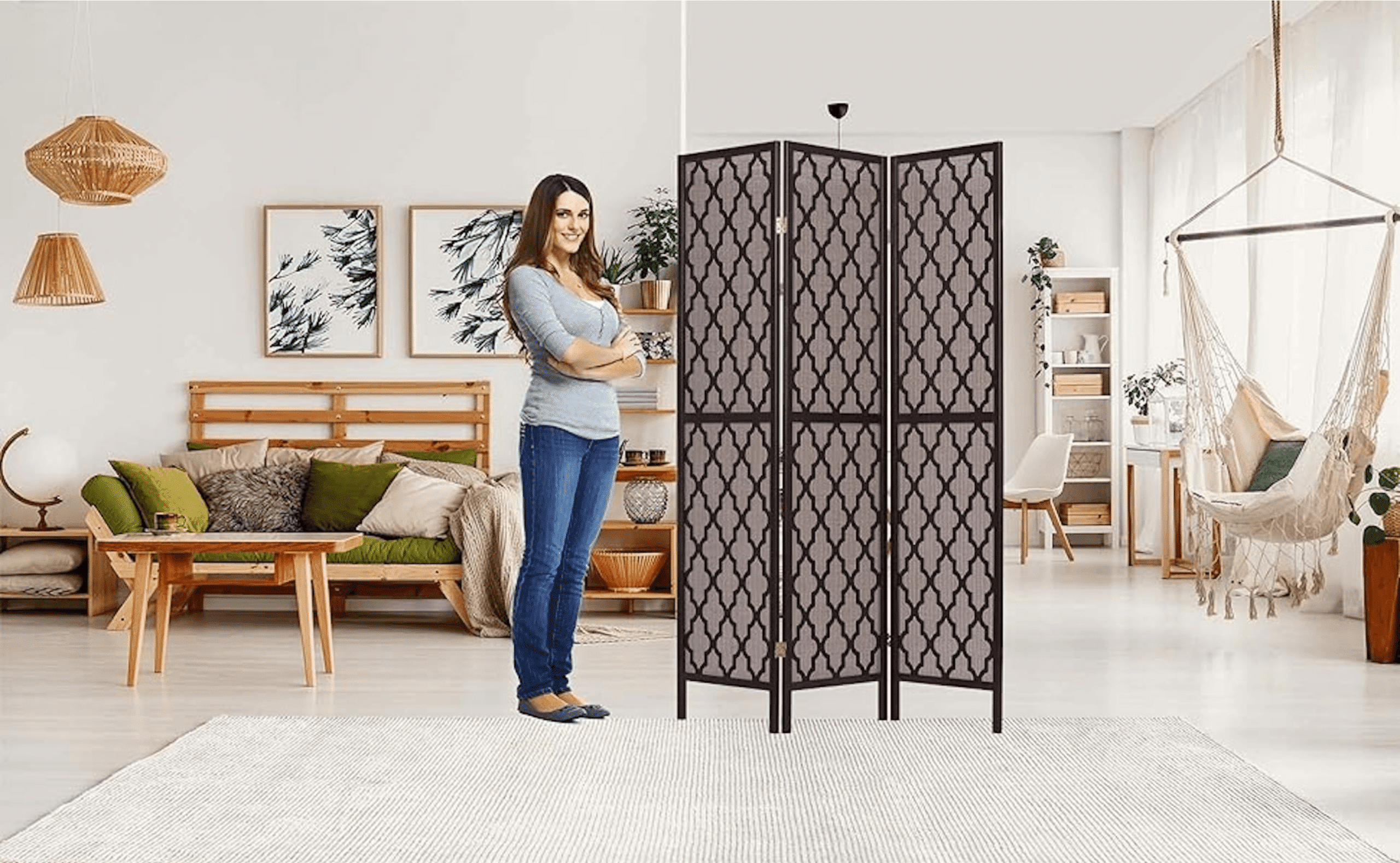 Espresso Brown 3-Panel Rattan Cane Folding Room Divider