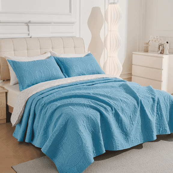 Legacy Decor 3 Pcs Bedspread Quilt Coverlet Reversible Pinsonic Floral Finish All Season Oversized Queen Blue Color