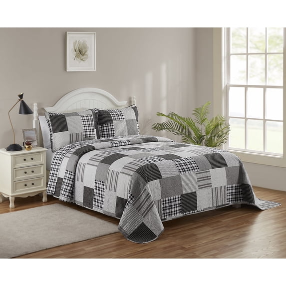 Legacy Decor 3 Pcs Quilt Reversible Bedspread Coverlet Grey & White Patchwork Design Ultra Soft Microfiber Oversized Queen 100"W x 106"L, All Ages.