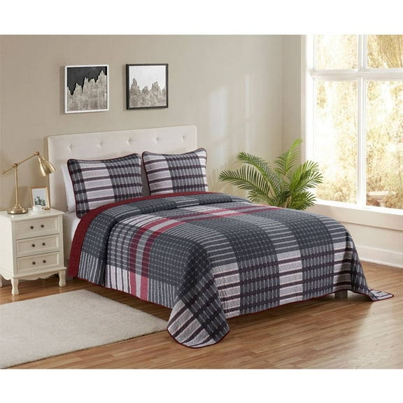 Legacy Decor 3 Pcs Quilt Reversible Bedspread Coverlet Red & Black Patchwork Design Ultra Soft Microfiber Oversized Queen 100"W x 106"L, All Ages.