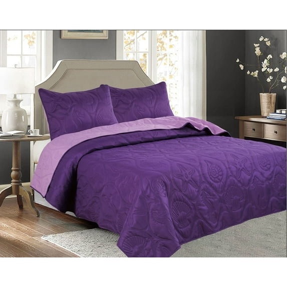 Legacy Decor 3 Pcs Shell & Seahorse Stitched Pinsonic Reversible Lightweight All Season Bedspread Quilt Coverlet Oversize, Purple Color, King Size