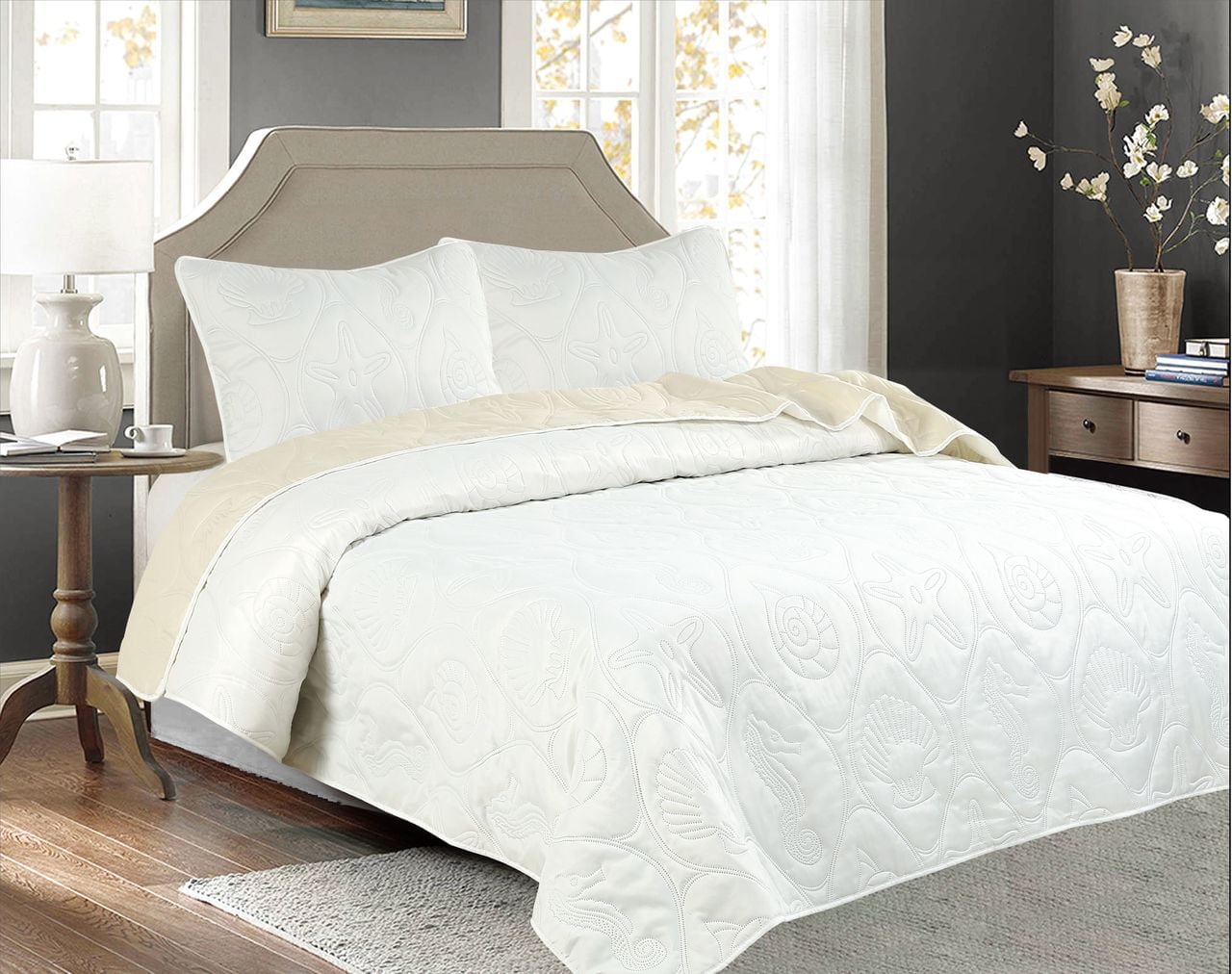 Shell Bedspread Legacy Decor 3 Pcs Shell & Seahorse Stitched Pinsonic Reversible ...