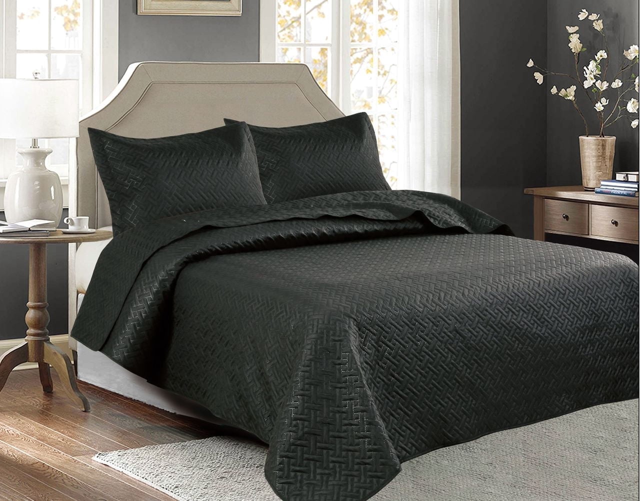 Legacy Decor 3 Pcs Squared Stitched Pinsonic Reversible All Season Bedspread Quilt Coverlet Oversized Queen Size Black Color, All Ages.