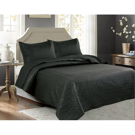 Legacy Decor 3 Pcs Squared Stitched Pinsonic Reversible All Season Bedspread Quilt Coverlet Oversized Queen Size Black Color, All Ages.