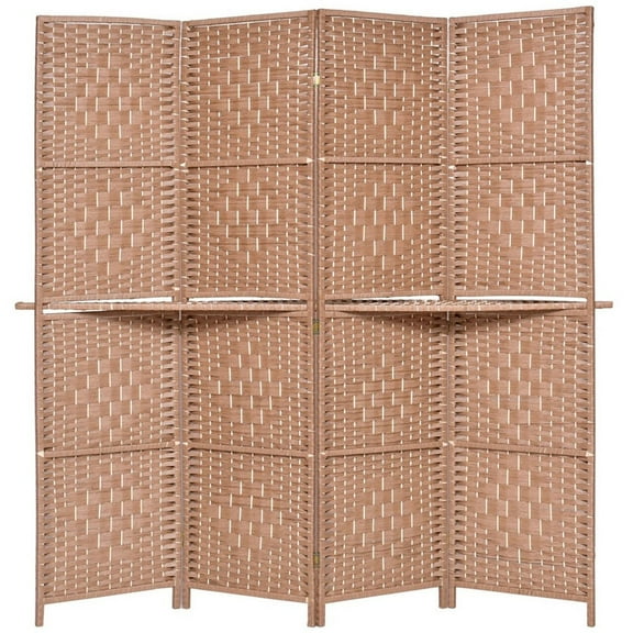 Legacy Decor 4 Panel Diamond Weave Room Divider with Shelves Natural Color